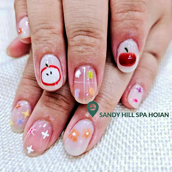 Apple and cherry fruit nail art by Sandy Hill Spa