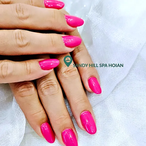 Hot pink almond gel nails by Sandy Hill Spa