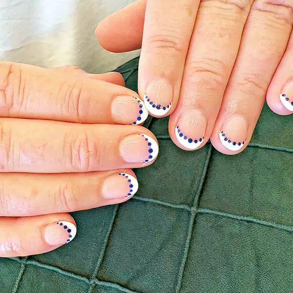 French tips with navy dots by Sandy Hill Spa
